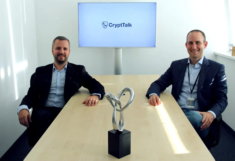 Attila Megyeri (left) and Szabolcs Kun (right) holding the 'Best Cybersecurity Innovation' award at ITBN, 2016