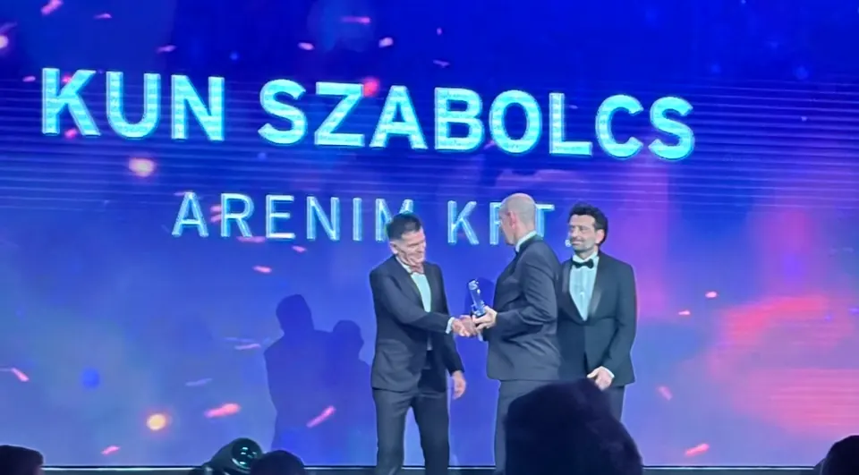 Szabolcs Kun receiving EY's Entrepreneur of the Year — Digital Entrepreneur award, Budapest, February 2026