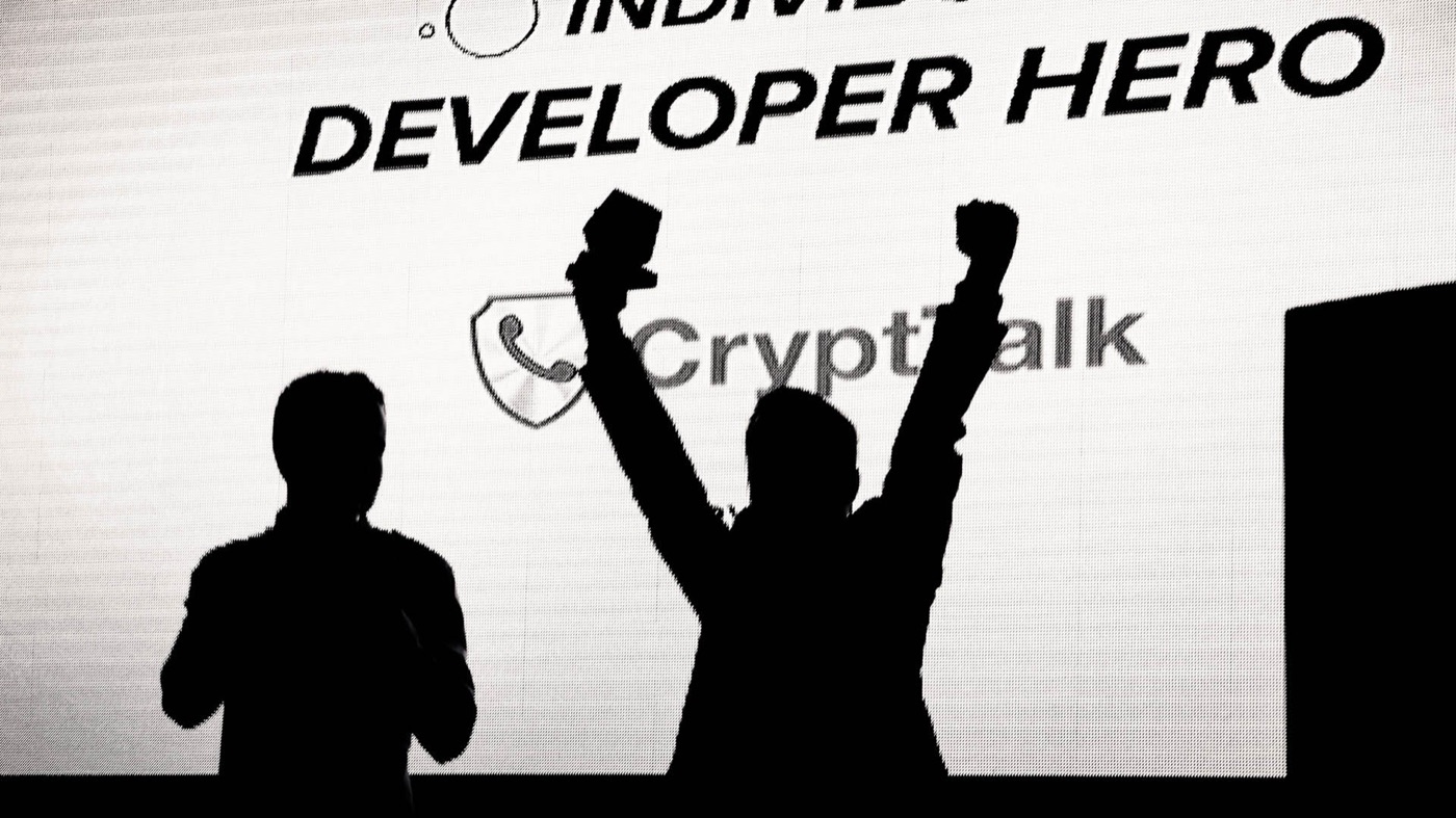 Attila Megyeri representing the Arenim team, accepting the 'Developer Heroes of the Year' award at the Central European Startup Awards, 2015