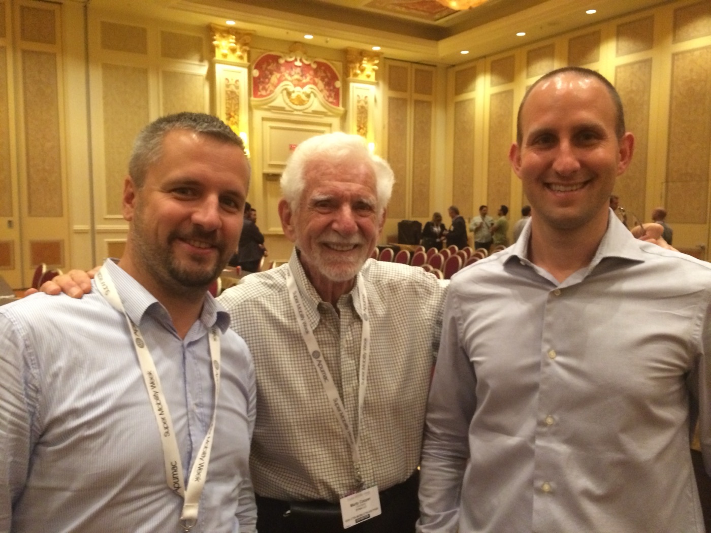 Attila Megyeri and Szabolcs Kun with Martin Cooper, the inventor of the mobile phone, at CTIA (World Wireless Organization), Las Vegas, 2015