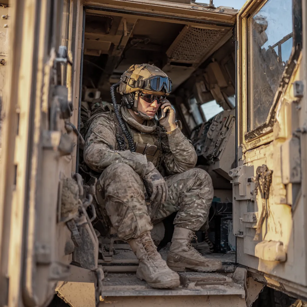Soldier in tactical gear using a secure mobile phone
