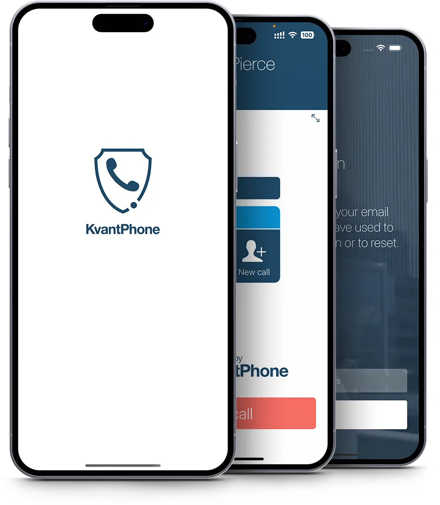Three KvantPhone screens — secure communication app